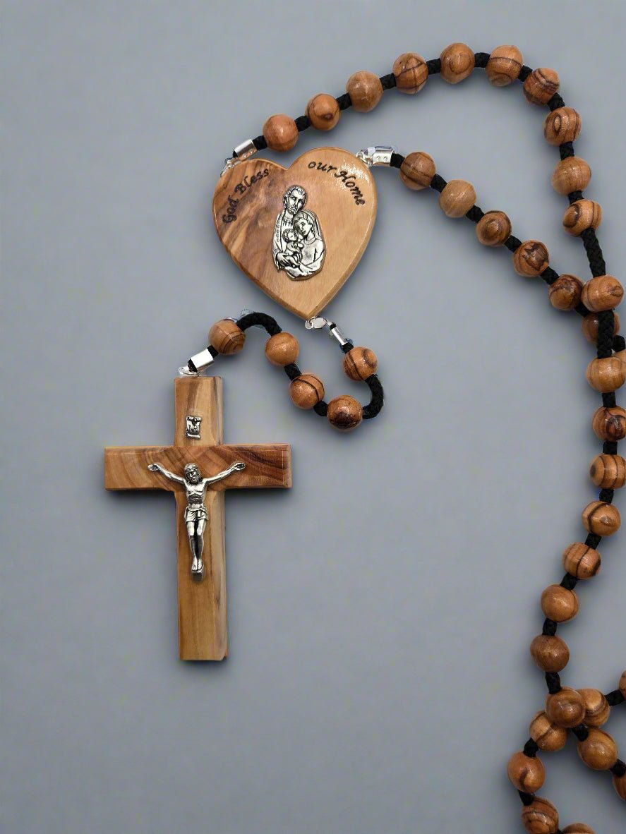 Olive Wood Wall Rosary — 12 mm Beads with Holy Family Heart & 12 cm Crucifix - Christian Crafts