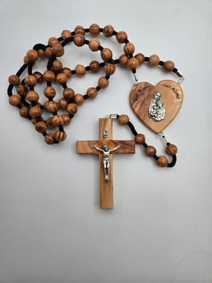 Olive Wood Wall Rosary — 12 mm Beads with Holy Family Heart & 12 cm Crucifix - Christian Crafts