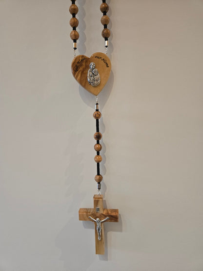 Olive Wood Wall Rosary — 12 mm Beads with Holy Family Heart & 12 cm Crucifix - Christian Crafts