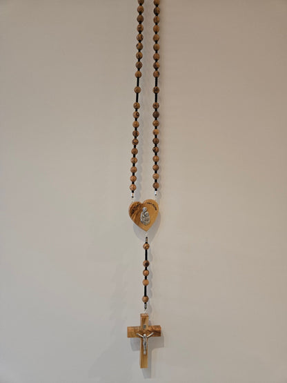 Olive Wood Wall Rosary — 12 mm Beads with Holy Family Heart & 12 cm Crucifix - Christian Crafts