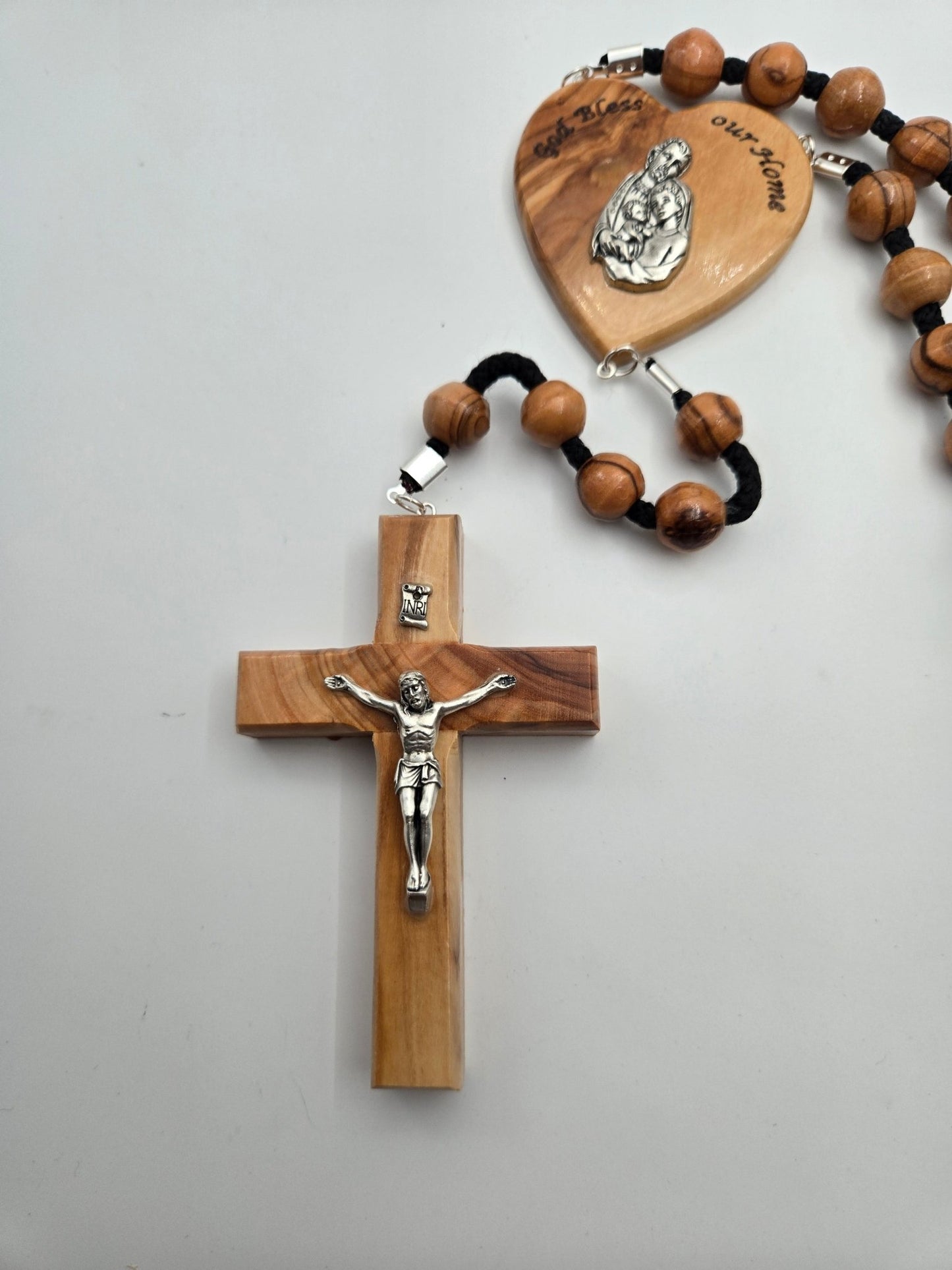 Olive Wood Wall Rosary — 12 mm Beads with Holy Family Heart & 12 cm Crucifix - Christian Crafts
