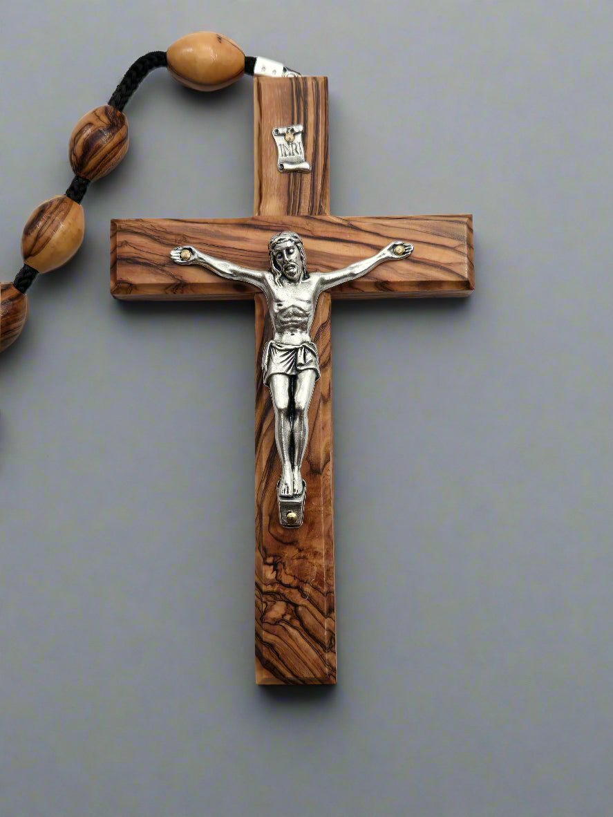 Olive Wood Wall Rosary — 15 mm Oval Beads with Holy Family Heart & Crucifix - Christian Crafts