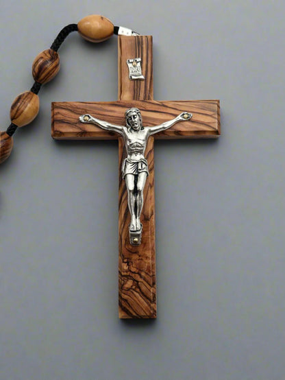 Olive Wood Wall Rosary — 15 mm Oval Beads with Holy Family Heart & Crucifix - Christian Crafts