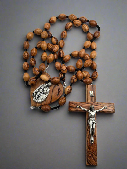Olive Wood Wall Rosary — 15 mm Oval Beads with Holy Family Heart & Crucifix - Christian Crafts