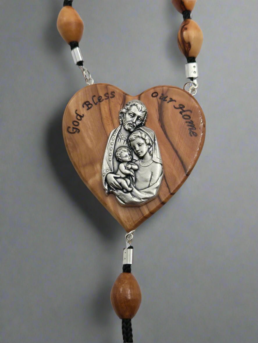Olive Wood Wall Rosary — 15 mm Oval Beads with Holy Family Heart & Crucifix - Christian Crafts