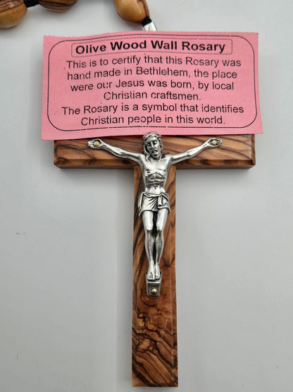 Olive Wood Wall Rosary — 15 mm Oval Beads with Holy Family Heart & Crucifix - Christian Crafts