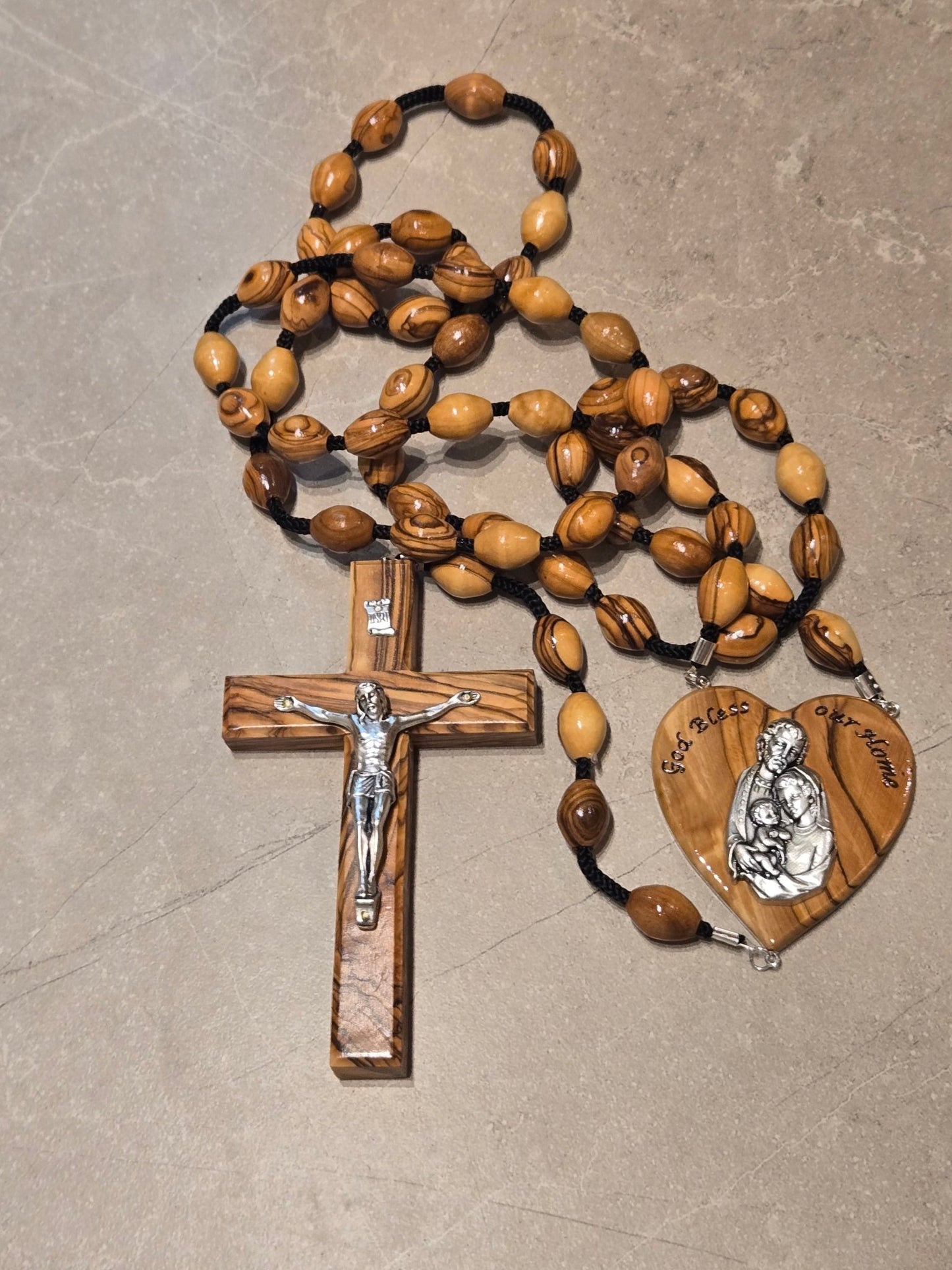 Olive Wood Wall Rosary — 15 mm Oval Beads with Holy Family Heart & Crucifix - Christian Crafts