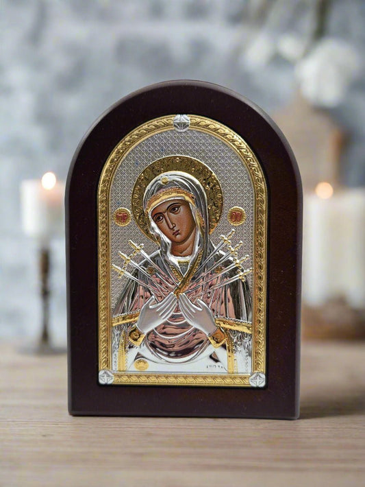 Our Lady of Sorrows Icon - Olive Wood & Silver - Christian Crafts