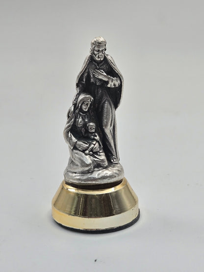 Pewter Holy Family Dashboard & Desk Figurine — Adhesive Gold Color - Base Mini Statue - Christian Crafts