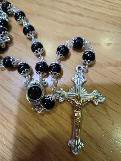 Black Onyx Crown Rosary (8mm) with Jerusalem Soil & Silver-Plated Crowns