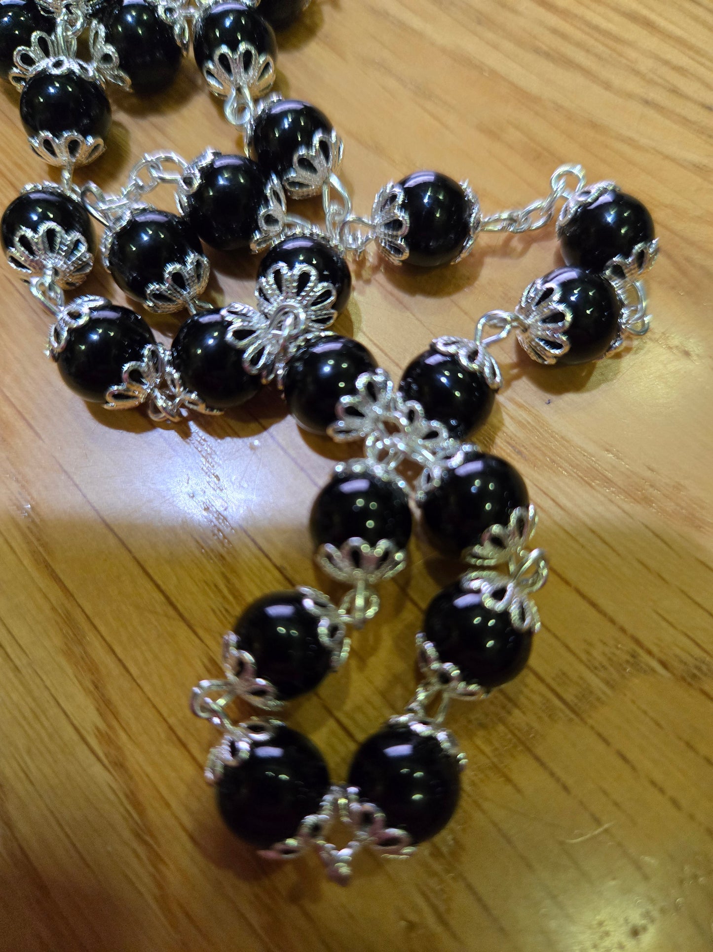 Black Onyx Crown Rosary (8mm) with Jerusalem Soil & Silver-Plated Crowns