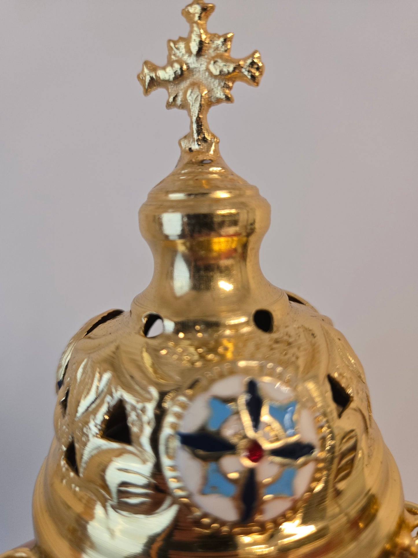 Hanging Incense Burner with Jerusalem Cross, Ceramic Details & Removable Charcoal Cup