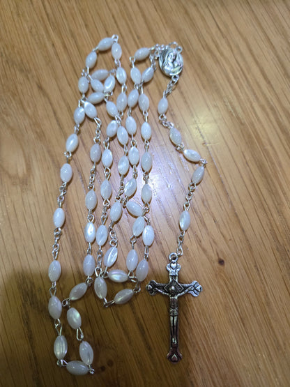 Mother of Pearl Rosary with Jerusalem Soil Centerpiece and Silver Crucifix