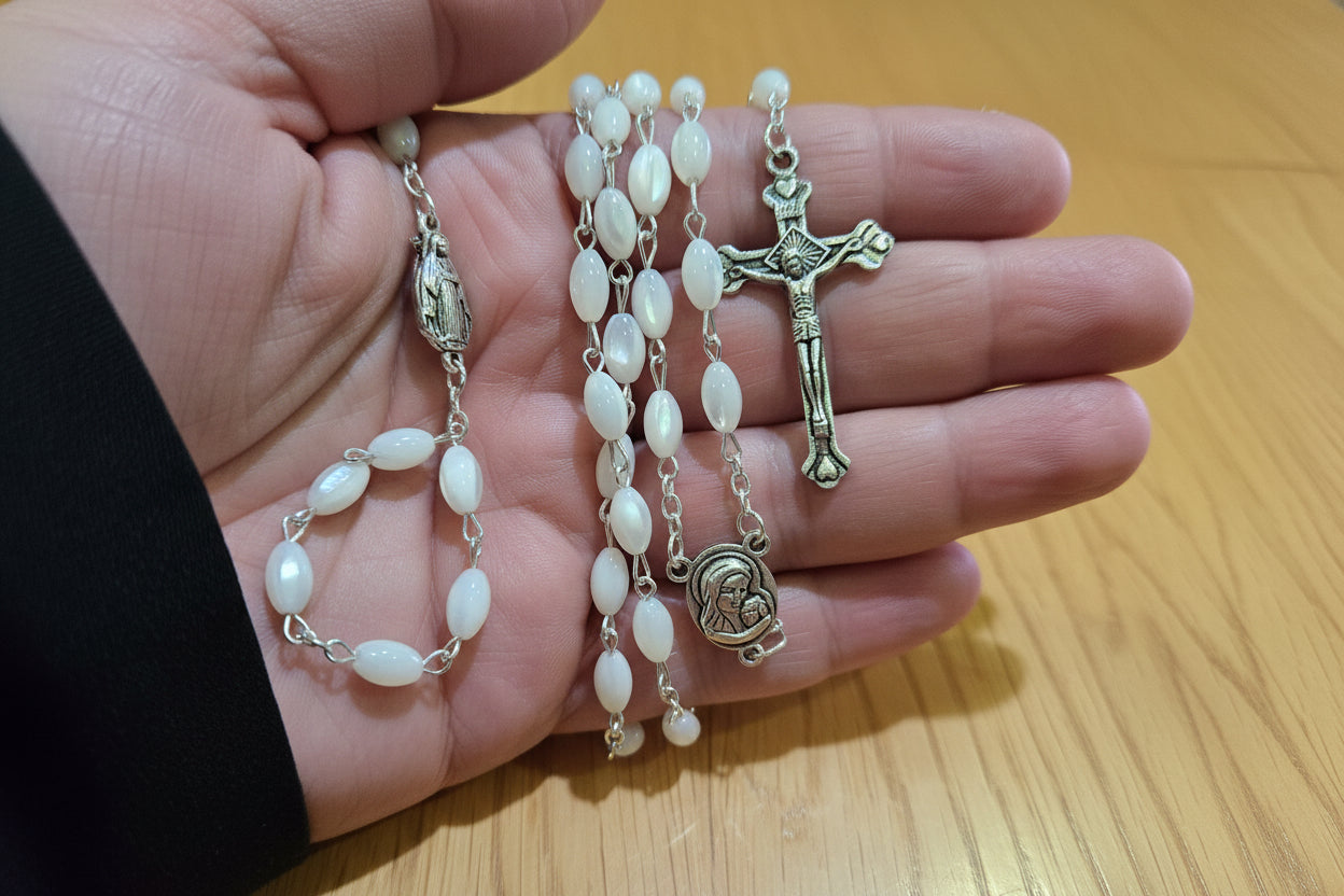 Mother of Pearl Rosary with Jerusalem Soil Centerpiece and Silver Crucifix