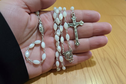 Mother of Pearl Rosary with Jerusalem Soil Centerpiece and Silver Crucifix