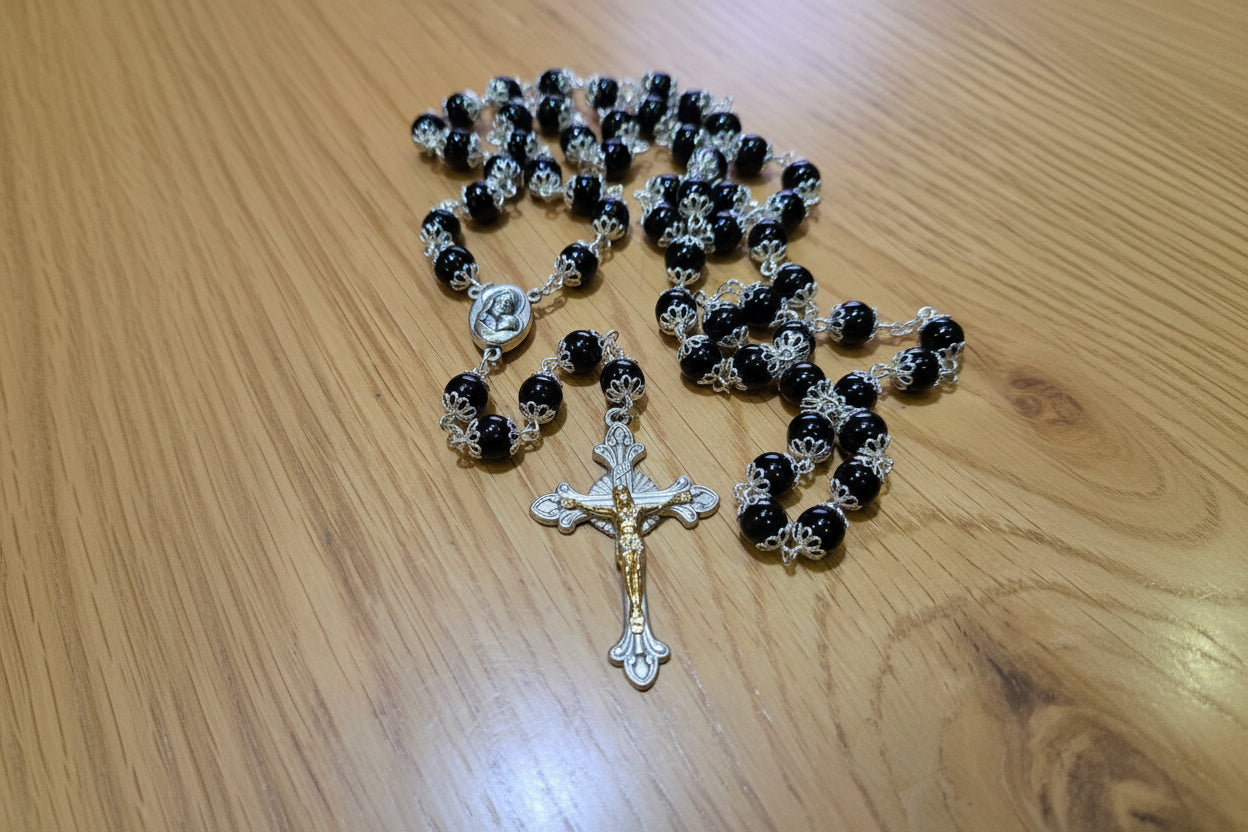 Black Onyx Crown Rosary (8mm) with Jerusalem Soil & Silver-Plated Crowns