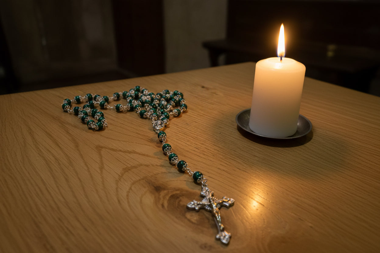 Green rosary with a cross on a wooden surface