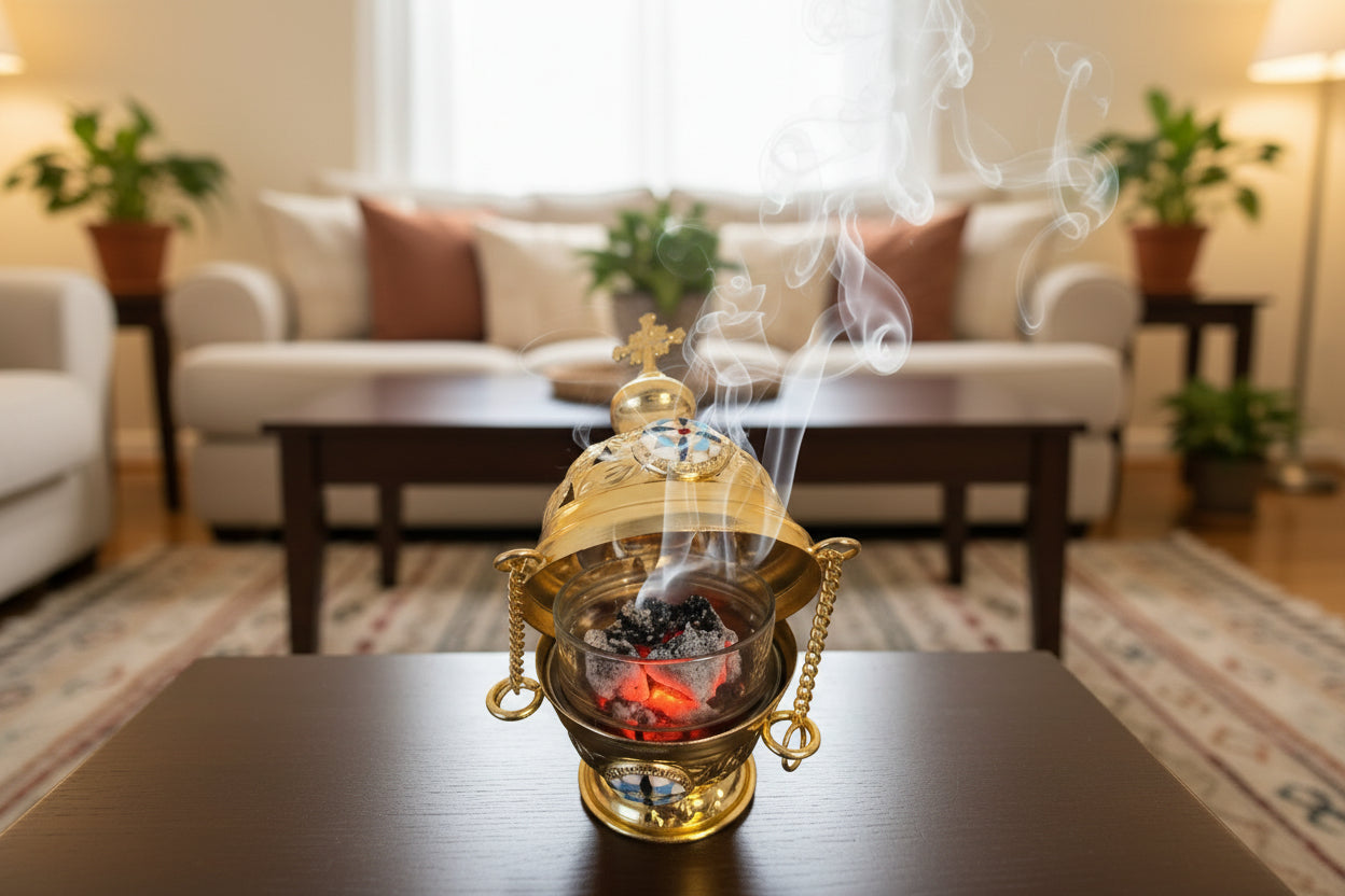 Hanging Incense Burner with Jerusalem Cross, Ceramic Details & Removable Charcoal Cup