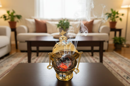 Hanging Incense Burner with Jerusalem Cross, Ceramic Details & Removable Charcoal Cup