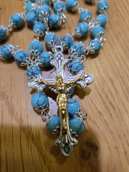 Turquoise Stone Crown Rosary (8mm) with Jerusalem Soil & Silver-Plated Crowns