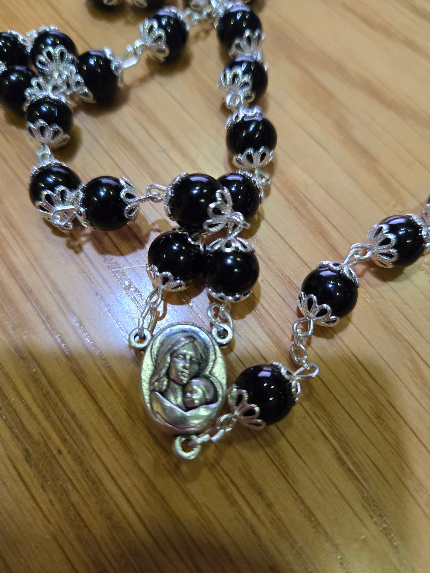 Black Onyx Crown Rosary (8mm) with Jerusalem Soil & Silver-Plated Crowns