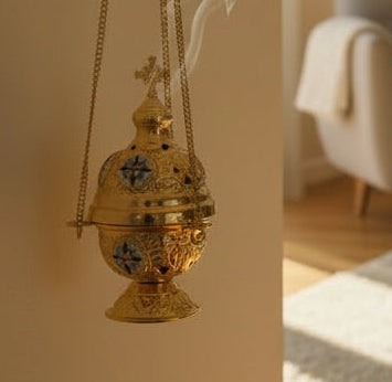 Hanging Incense Burner with Jerusalem Cross, Ceramic Details & Removable Charcoal Cup