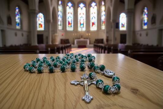 Green rosary with silver and gold accents on a wooden surface