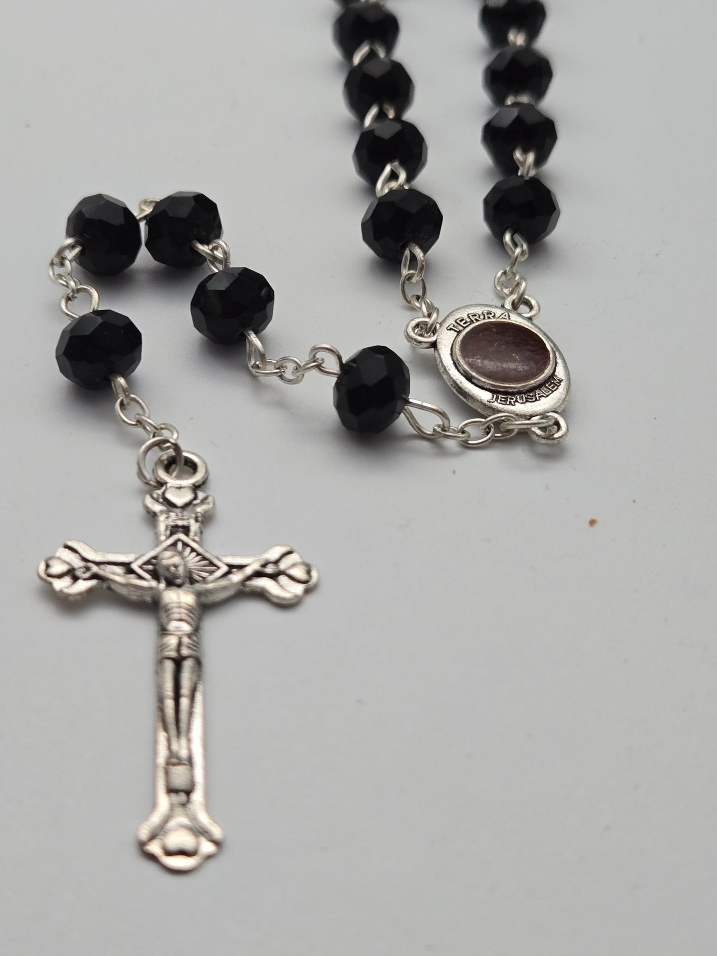Sacred Holy Land Rosary: Olive Wood & Glass Beads with Holy Soil & Pewter Crucifix - Christian Crafts