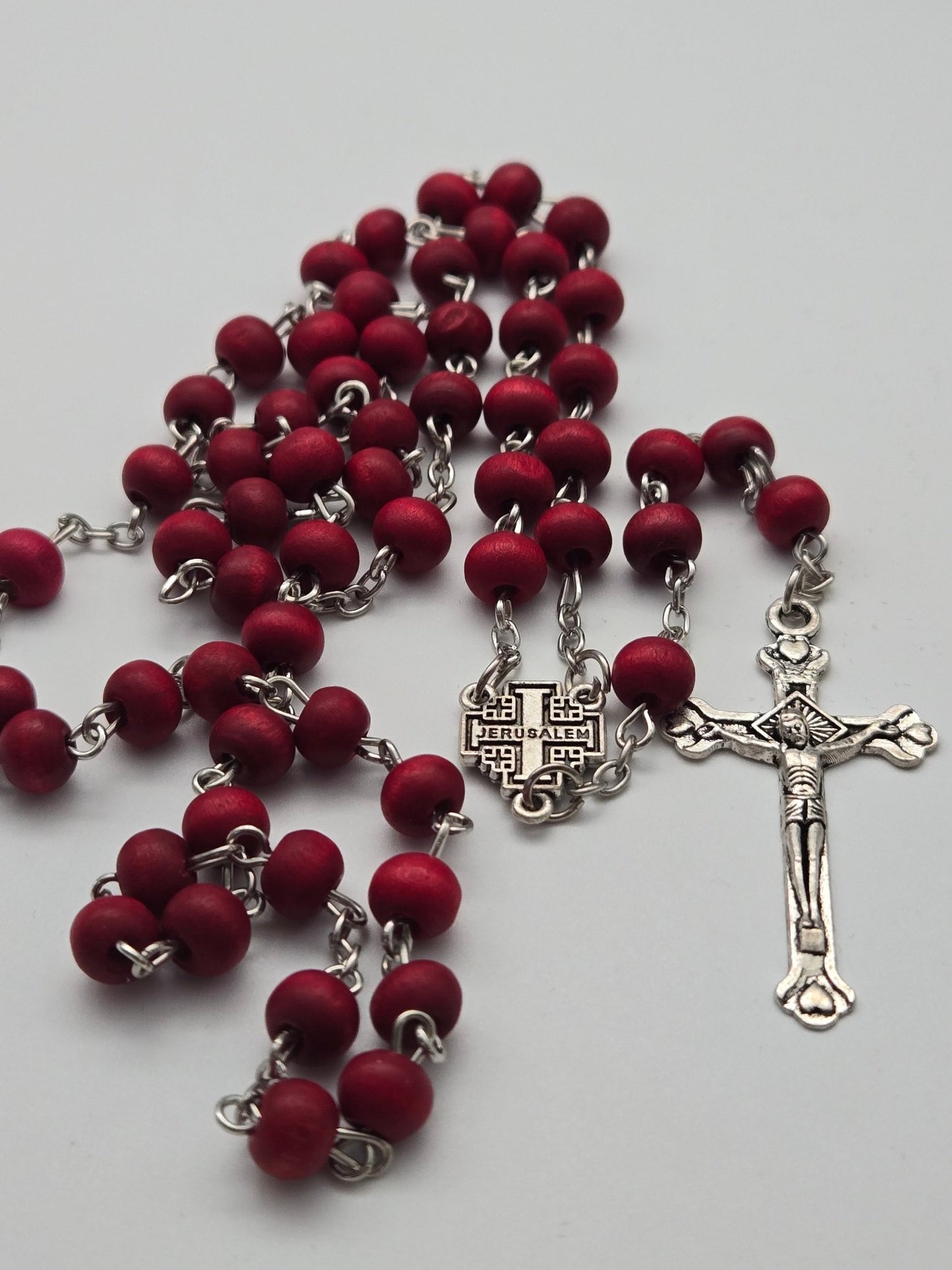 Sacred Holy Land Rosary: Olive Wood & Glass Beads with Holy Soil & Pewter Crucifix - Christian Crafts