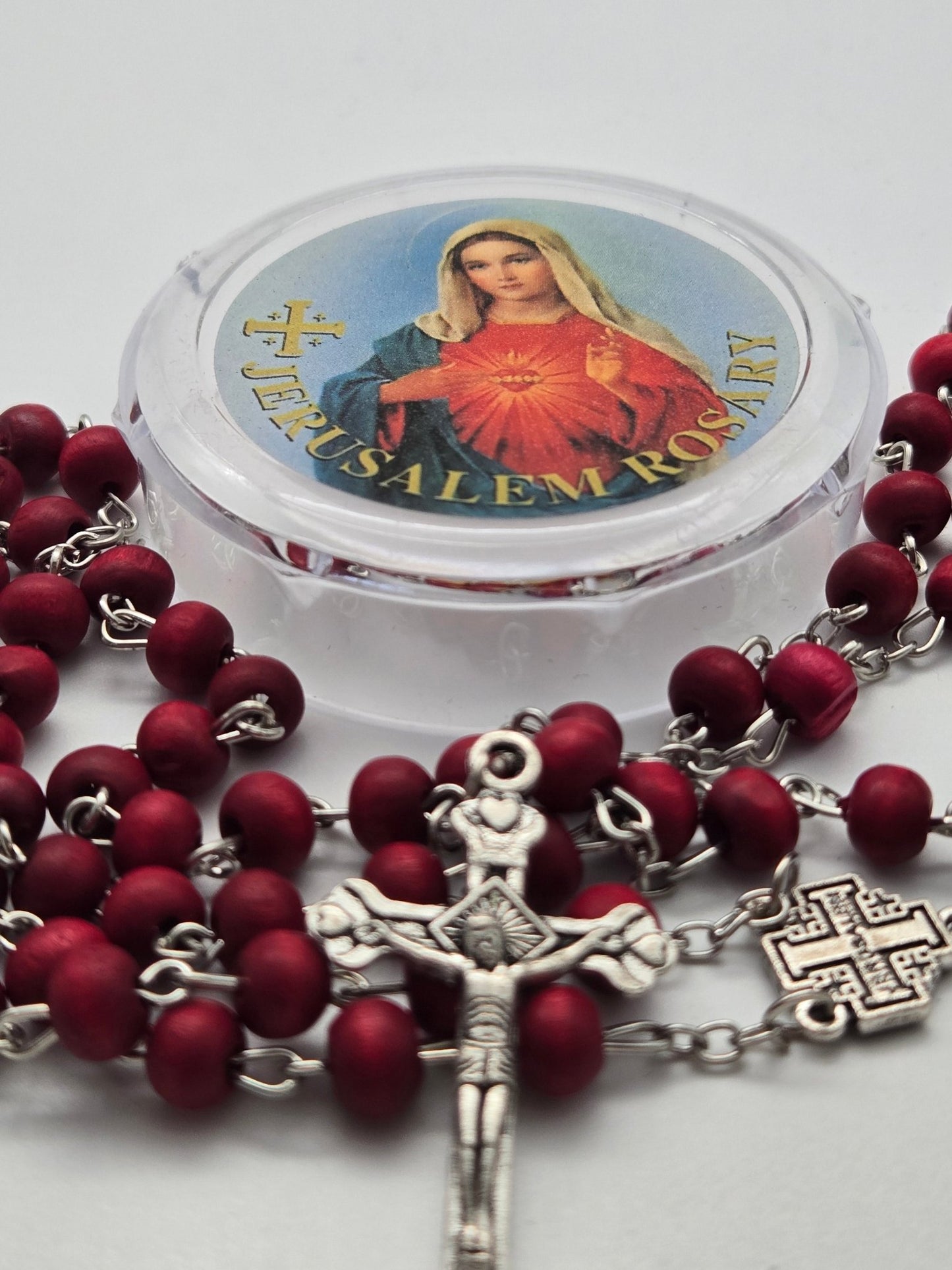 Sacred Holy Land Rosary: Olive Wood & Glass Beads with Holy Soil & Pewter Crucifix - Christian Crafts
