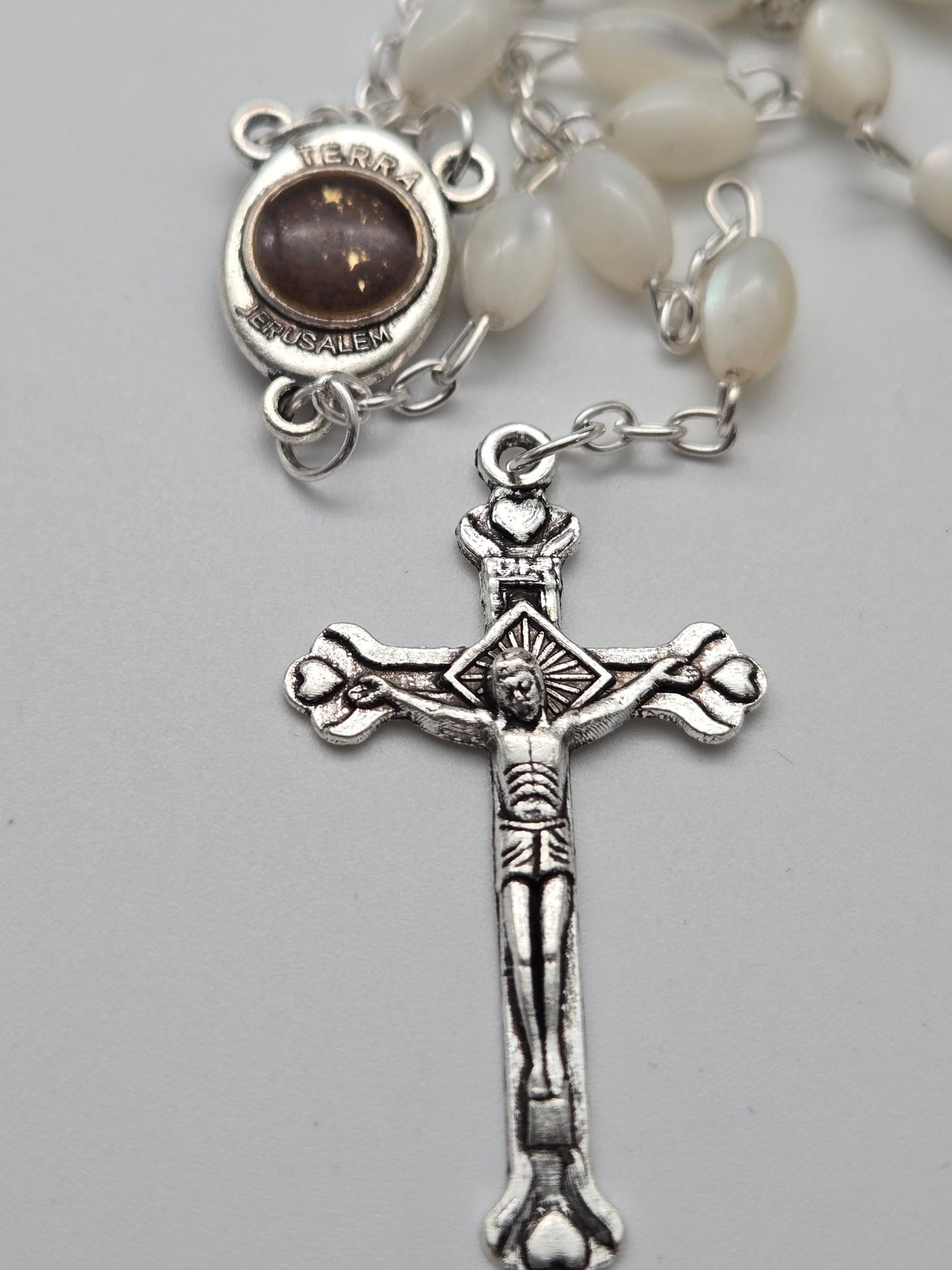 Sacred Holy Land Rosary: Olive Wood & Glass Beads with Holy Soil & Pewter Crucifix - Christian Crafts