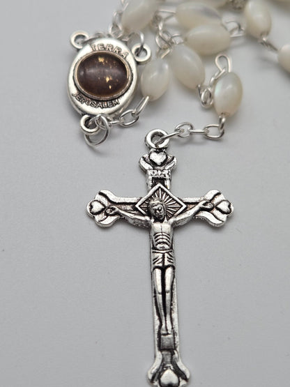 Sacred Holy Land Rosary: Olive Wood & Glass Beads with Holy Soil & Pewter Crucifix - Christian Crafts