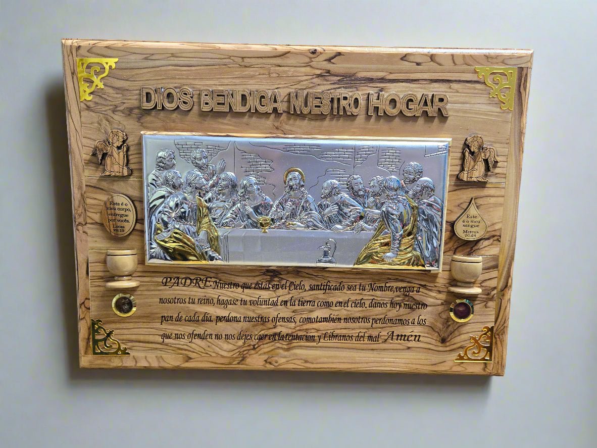 Silver “Last Supper” Icon on Olive Wood — “God Bless Our Home” Wall Plaque - Christian Crafts