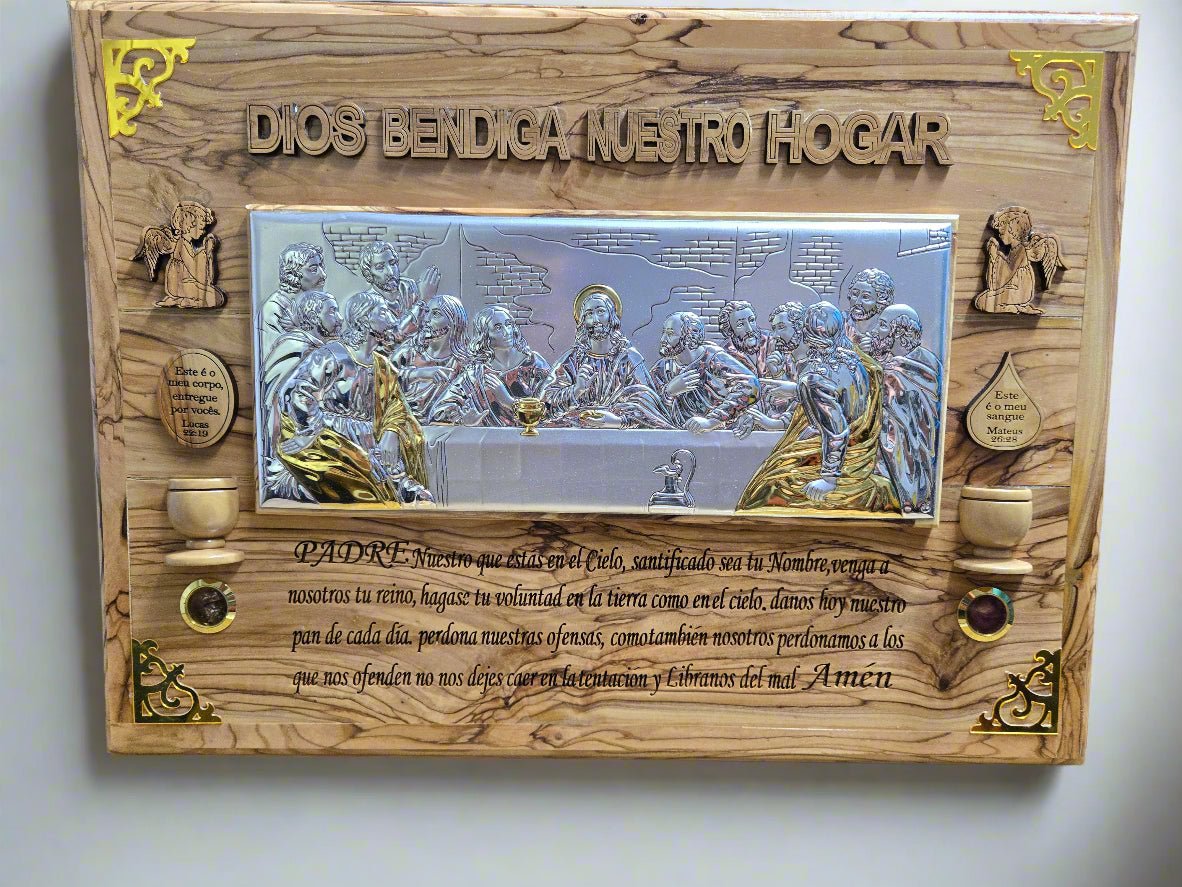 Silver “Last Supper” Icon on Olive Wood — “God Bless Our Home” Wall Plaque - Christian Crafts