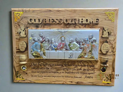 Silver “Last Supper” Icon on Olive Wood with Colored Characters — “God Bless Our Home” Wall Plaque - Christian Crafts