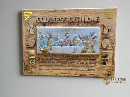 Silver “Last Supper” Icon on Olive Wood with Colored Characters — “God Bless Our Home” Wall Plaque - Christian Crafts