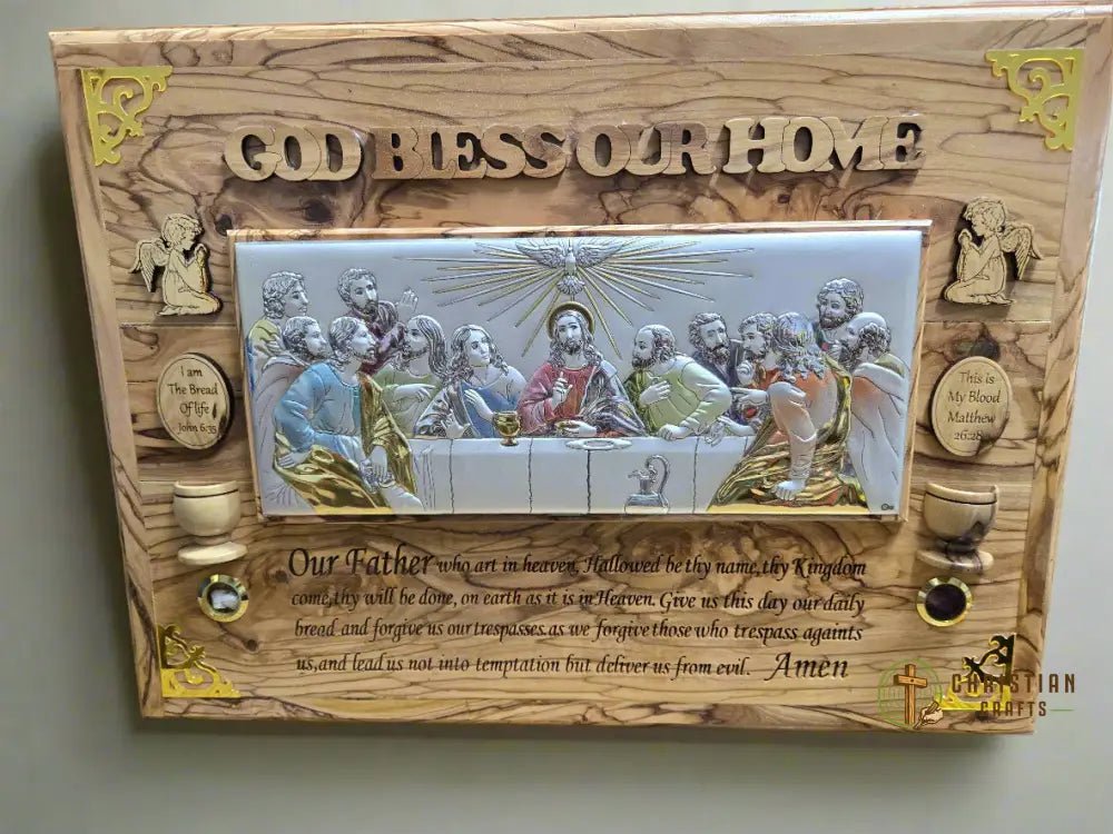 Silver “Last Supper” Icon on Olive Wood with Colored Characters — “God Bless Our Home” Wall Plaque - Christian Crafts