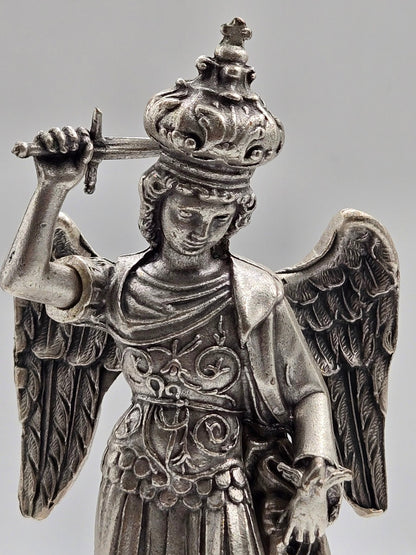St. Michael the Archangel Statue - Silver - Plated with Olive Wood Base - Christian Crafts