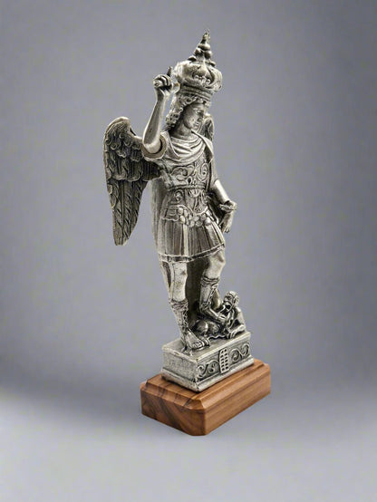 St. Michael the Archangel Statue - Silver - Plated with Olive Wood Base - Christian Crafts