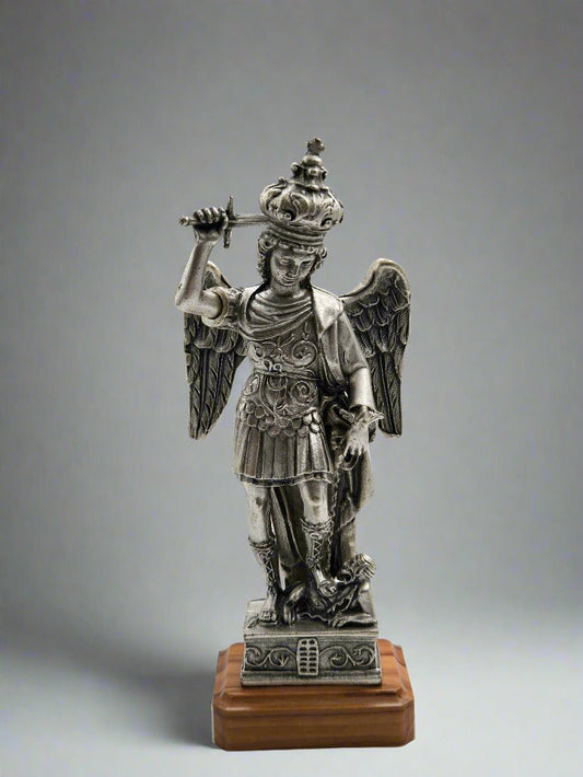 St. Michael the Archangel Statue - Silver - Plated with Olive Wood Base - Christian Crafts