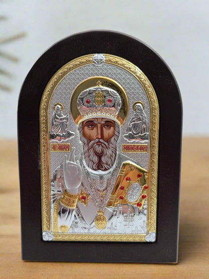 St Nicolas Icon on Olive Wood with Silver and Golden Plating - Christian Crafts