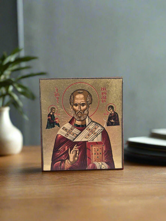 St. Nicolas Lithography Icon - Handcrafted & Gold - Plated from the Holy Land - Christian Crafts