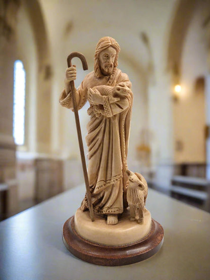 The Good Shepherd Olive Wood Sculpture - Handcrafted in the Holy Land - Christian Crafts