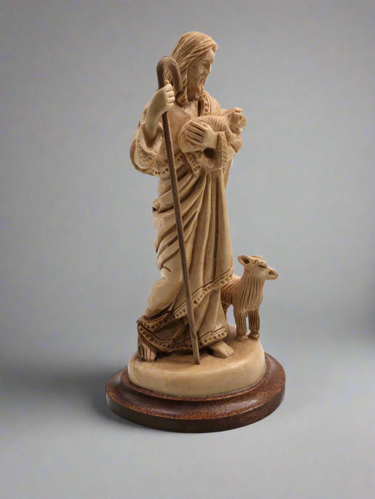 The Good Shepherd Olive Wood Sculpture - Handcrafted in the Holy Land - Christian Crafts