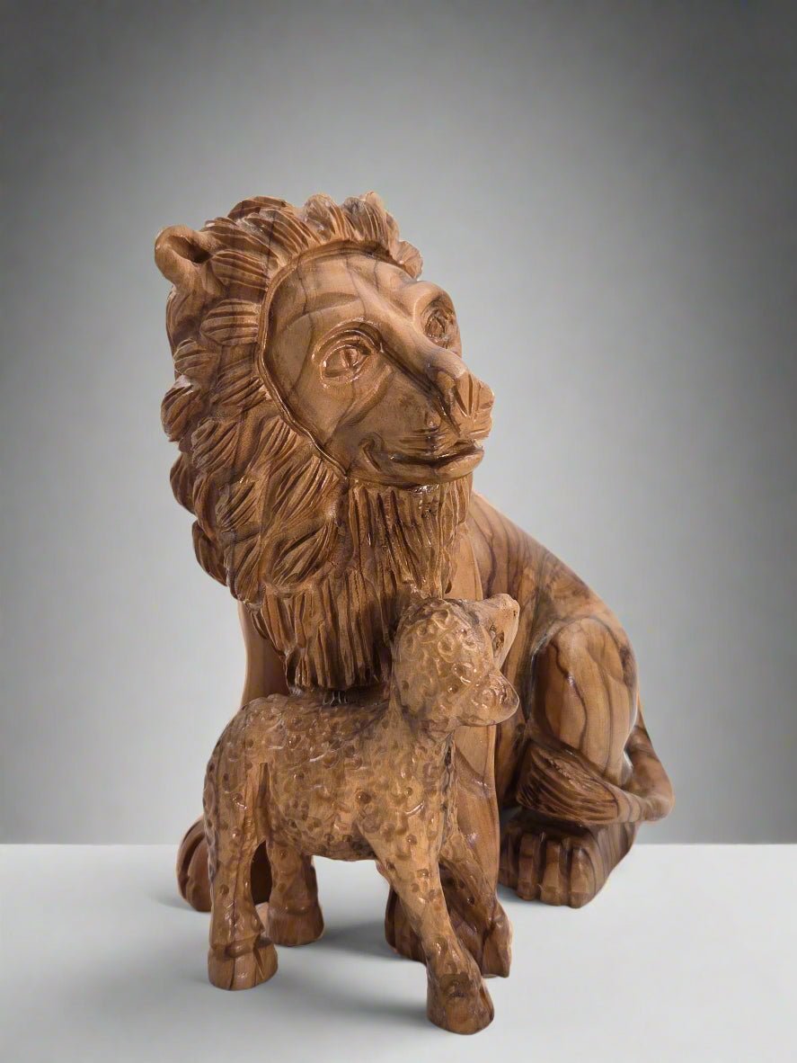 The Lion and The Sheep - Hand - Carved Olive Wood Sculpture from the Holy Land - Christian Crafts