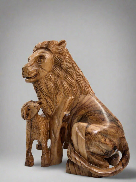 The Lion and The Sheep - Hand - Carved Olive Wood Sculpture from the Holy Land - Christian Crafts
