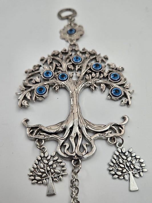 Tree of Life Evil Eye Wall Hanging — Pewter & Blue Glass Charm - Christian Crafts