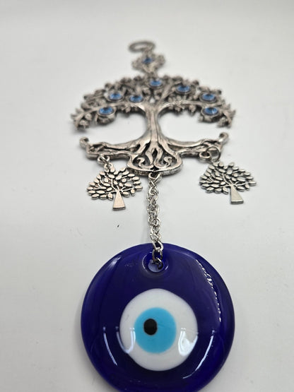 Tree of Life Evil Eye Wall Hanging — Pewter & Blue Glass Charm - Christian Crafts