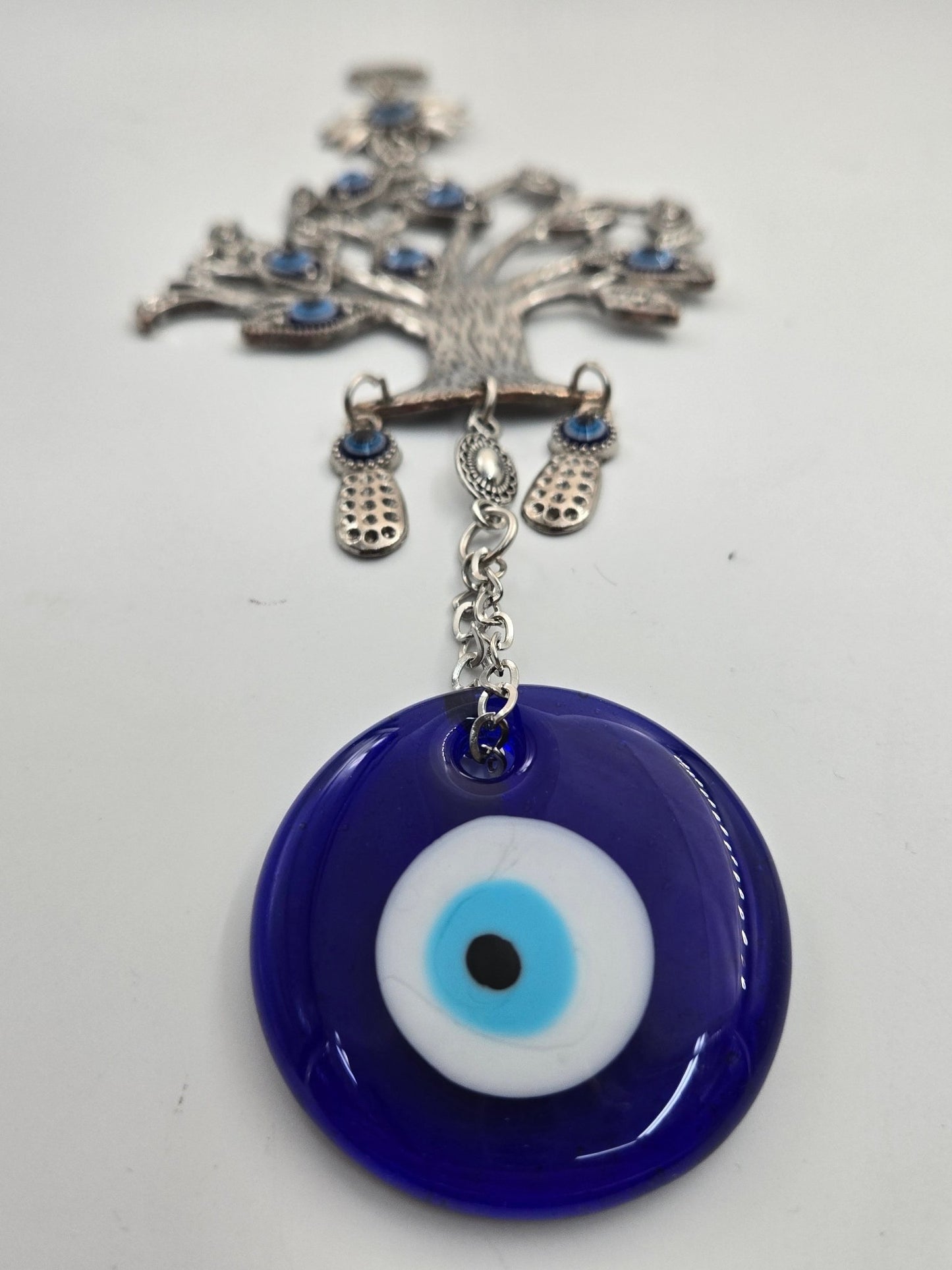 Tree of Life Evil Eye Wall Hanging – Pewter & Blue Glass Protection Amulet - Christian Crafts