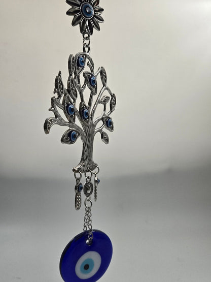 Tree of Life Evil Eye Wall Hanging – Pewter & Blue Glass Protection Amulet - Christian Crafts